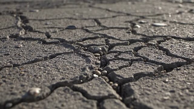 Close-up View of Cracked Asphalt Revealing Drying Fissures and Rugged Pavement Texture.