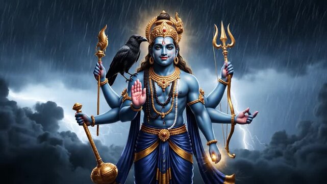 A blue-skinned deity with multiple arms, crowned, holds tools, and a raven perches amidst stormy sky