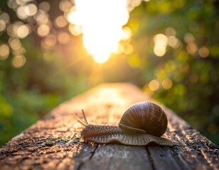 Snail on wooden log in forest.