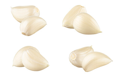 fresh peeled garlic cloves arranged in a pleasing pattern, isolated on a transparent background,...