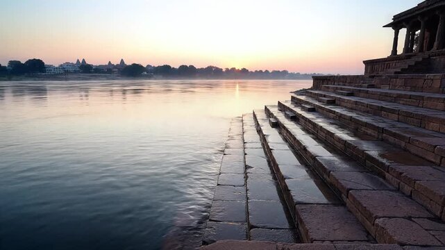 Narmada River Ghat Steps at Sunrise in India Ancient Sacred Place