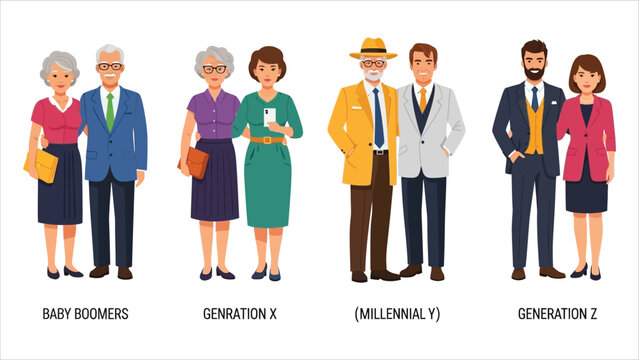 Generational Fashion Evolution Vector Illustration Set.