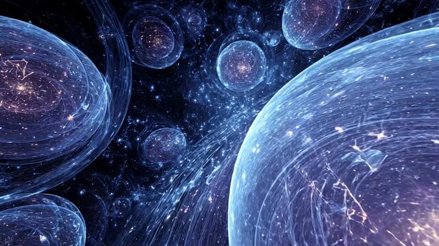 Abstract visualization of a multiverse with glowing cosmic bubbles.