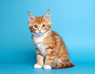 Fototapeta premium A cute orange kitten with white paws and chest sits on blue background