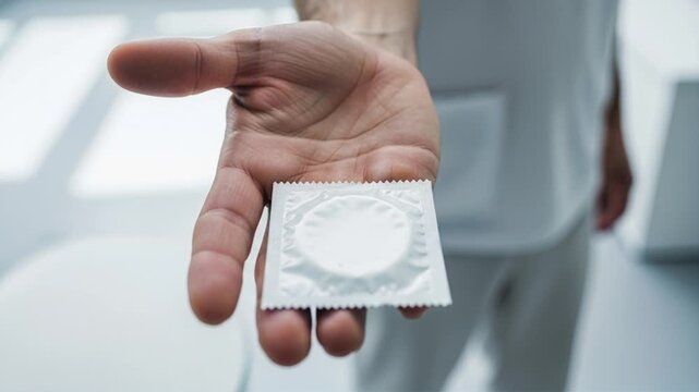 Offering Unopened Condom Person Holds Outward in Clean Environment