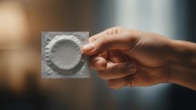 Holding Unopened Condom With Hand Indoors Offering Guidance and Protection