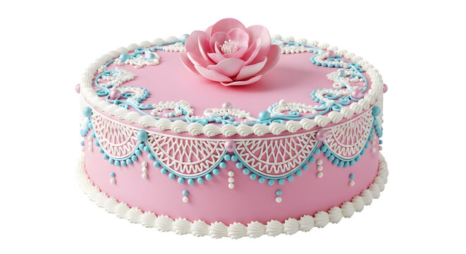 Elegant pink cake adorned with floral decorations and a decorative topper