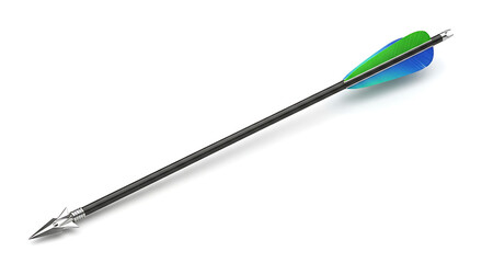 Black arrow with green and blue fletching on white background
