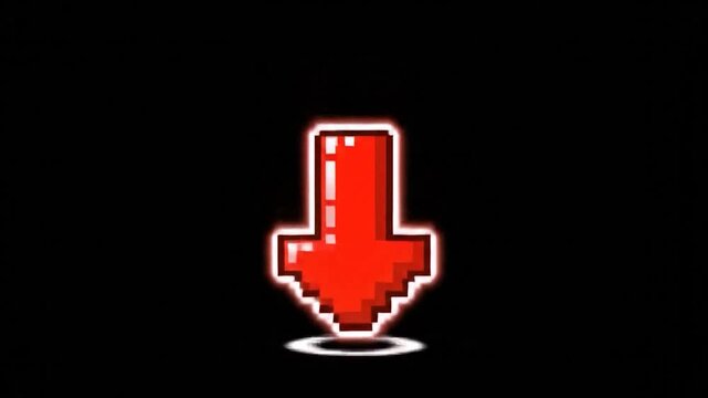A pixelated red downward arrow with a white outline against a black background