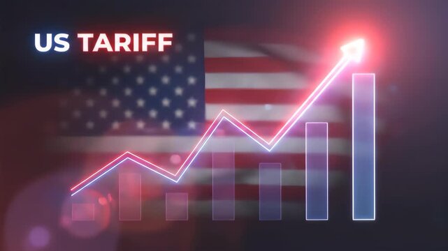 International trade and economic policy concept. A rising chart over the United States flag illustrates tariff effects, market growth, trade costs, inflation pressure, and economic trends.