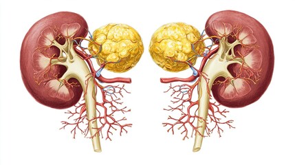 adrenal. Medical illustration of golden adrenal glands atop red kidneys with detailed vascular network. STEM education sheets.