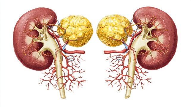 adrenal. Medical illustration of golden adrenal glands atop red kidneys with detailed vascular network. STEM education sheets.
