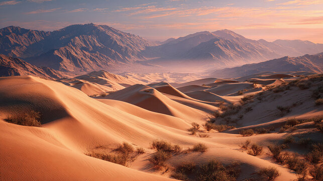 A breathtaking desert landscape with towering sand dunes and majestic mountains, bathed in the warm glow of the sun
