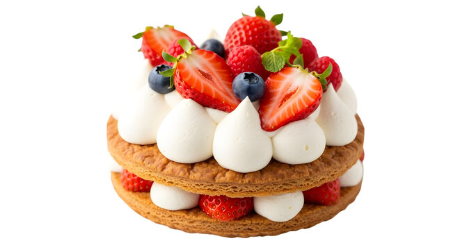 Delicious dessert topped with fresh berries and cream swirls on a golden pastry base