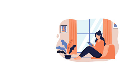 Obraz premium Peaceful woman sitting on a comfortable bean bag chair by a window and using a tablet for reading or work in a cozy home environment.