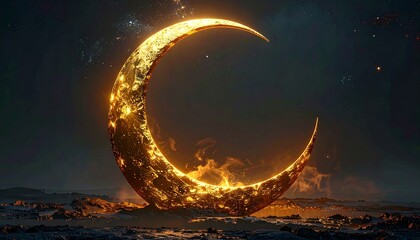Glowing golden crescent moon with fiery sparks on dark landscape