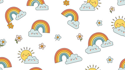 Fototapeta premium Cute seamless pattern featuring colorful rainbows smiling suns happy clouds and small flowers on a clean white background for kids designs.