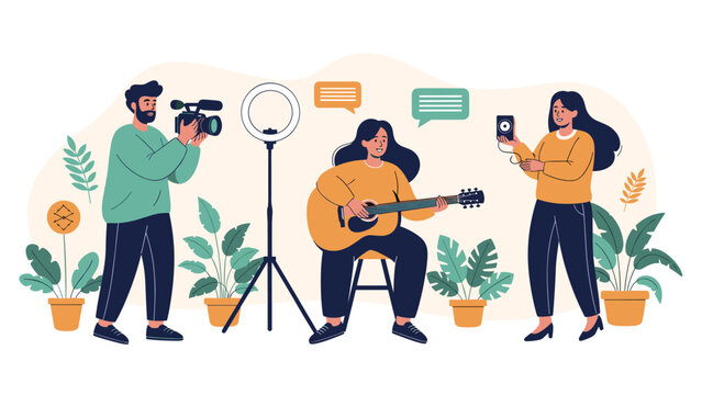 Music recording session featuring a girl playing an acoustic guitar while a team records the performance with a camera and audio gear.