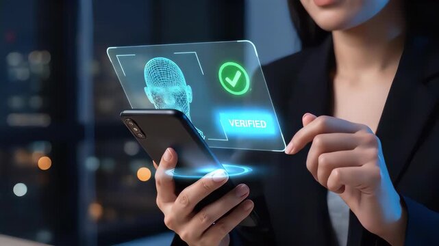 Digital security and mobile authentication concept. A businesswoman uses a smartphone with biometric verification interface showing face scan, fingerprint approval, secure access, and data protection 
