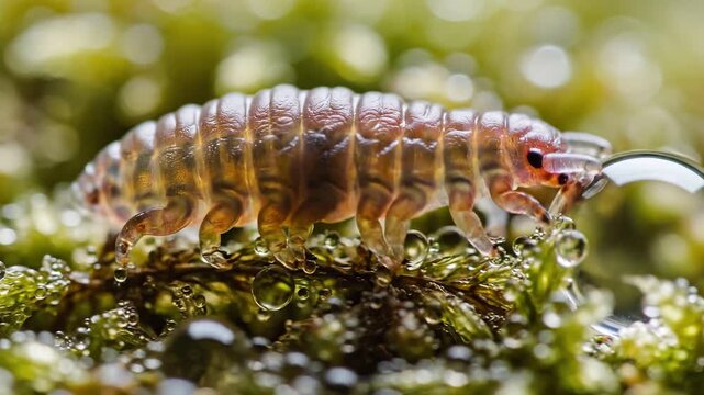 Close Up of a Tiny Amphipod Crawling on Wet Rocks Underwater in an Algae Covered Tidepool.