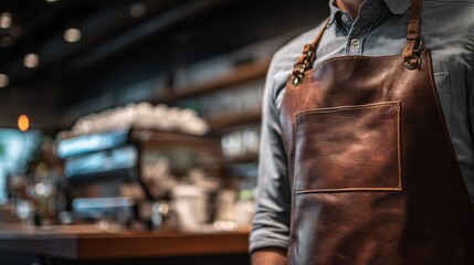 Fototapeta premium Barista stands at coffee shop counter wearing a brown apron while preparing drinks for customers in the morning
