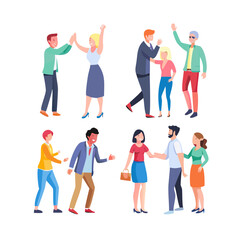 Fototapeta premium Informal greeting flat vector illustrations set. Happy people giving high five isolated on white background. Cheerful friends and colleagues cartoon characters pack. Happiness, joy ... See More