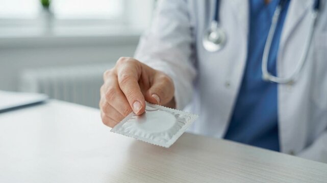Hand Holding Unopened Condom Pack in Medical Office Offering Healthcare