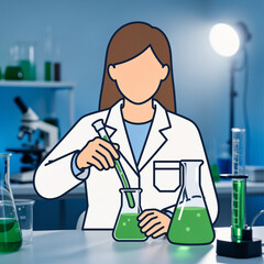 Cartoon Female Scientist Pouring Green Liquid in Chemistry Lab Experiment Illustration