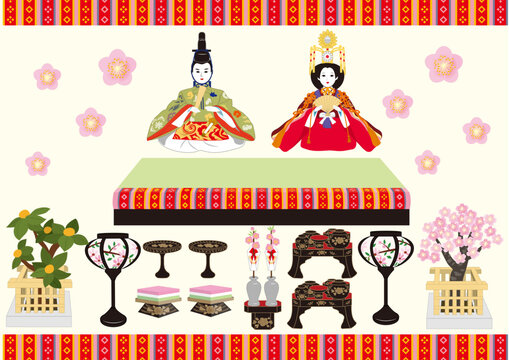 おひなさま道具揃え ベクター イラスト 桃の節句