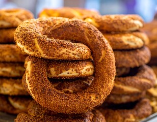 Stacked Simit Bread Loaves Closeup View.