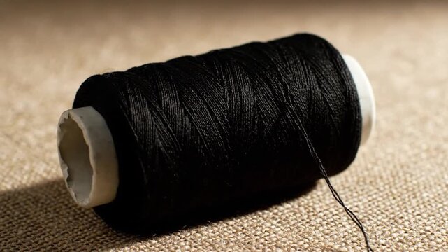 Close-up of a black thread spool on a textured burlap background, sewing concept.