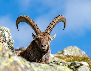 Steinbock resting on mountain rocky terrain.