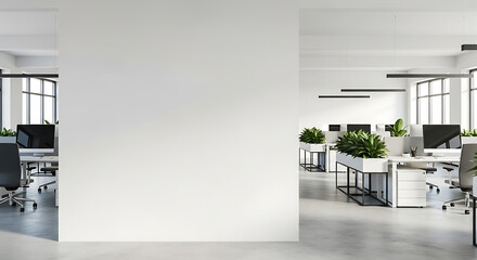 Naklejka premium Minimalist modern open office interior featuring blank white wall concrete floor green plant wooden workspace desk professional industrial architectural design studio workspace layout