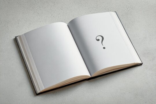 Open book with question mark on blank pages, representing uncertainty, curiosity, and unanswered questions