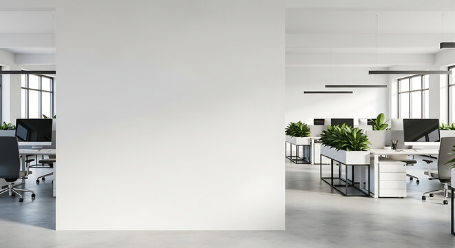 Minimalist modern open office interior featuring blank white wall concrete floor green plant wooden workspace desk professional industrial architectural design studio workspace layout