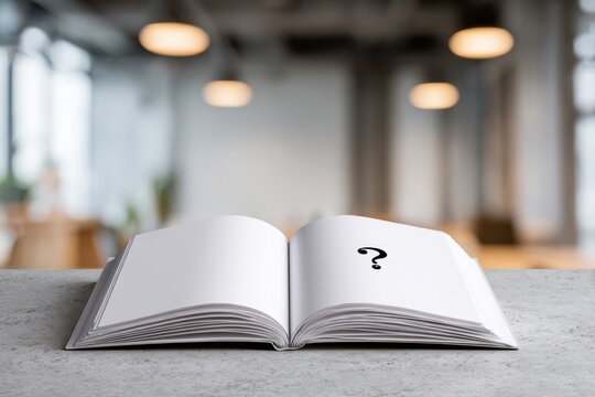 Open book with question mark on blank pages, representing uncertainty, curiosity, and unanswered questions