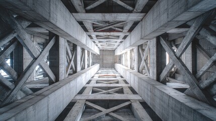 ibeam. Interior of an unfinished skyscraper with a dense grid of steel beams. real-estate listings, architecture portfolios, designed for interior renovation comparisons for interiors.