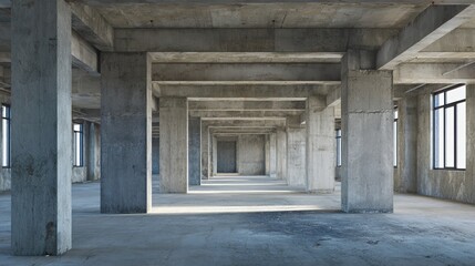 Fototapeta premium ibeam. Interior of an unfinished skyscraper with a dense grid of steel beams. real-estate listings, architecture portfolios, designed for interior renovation comparisons for interiors.