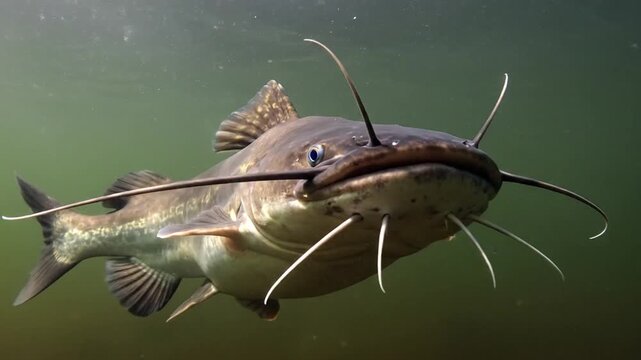 Close-up of a catfish swimming underwater in murky green water.
