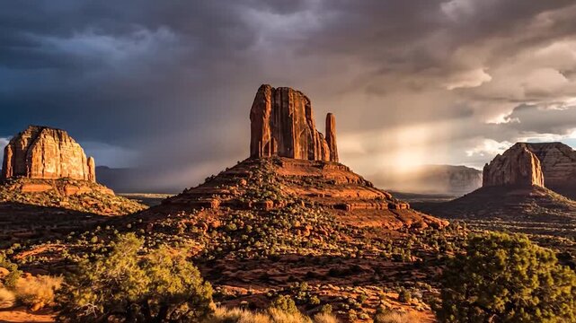 Majestic desert landscape with towering sandstone formations, illuminated by sun breaking through clouds