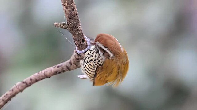 Close up of a wild Barred Buttonquail bird perching on a wooden branch. Beautiful spotted plumage of Turnix suscitator resting on a twig. Exotic small bird in nature with soft blurred background and c