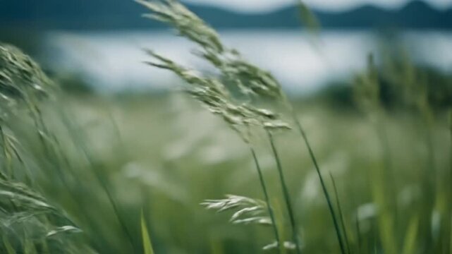 Serene Landscape with Tall Grass and Lake.