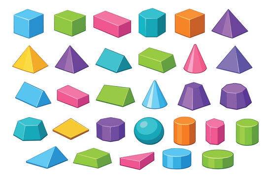 Colorful isometric geometric shapes set featuring cubes, spheres, cones, cylinders, and pyramids for mathematics education