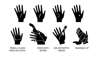 Fototapeta premium Vector icon set illustrating proper hand washing and hygiene steps. Ideal for healthcare education, safety posters, public health campaigns, and instructional materials.