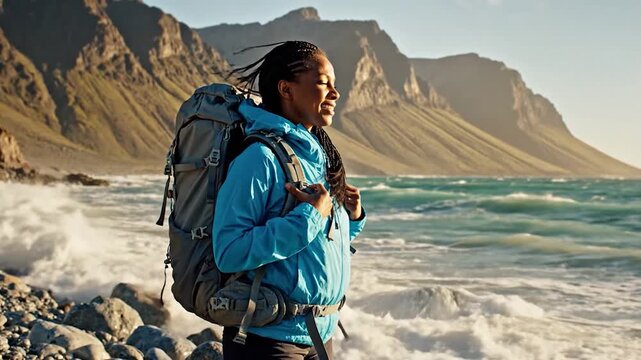 A woman with a backpack enjoys the seaside breeze, mountains in background