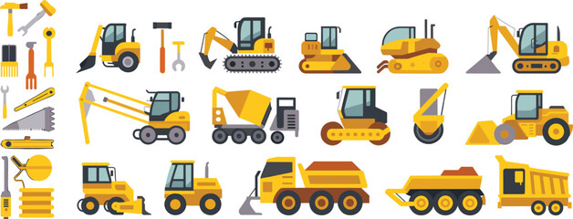 Construction machinery and tool icons set with excavators loaders dump trucks rollers and equipment for building industry vector design © SREECHNA
