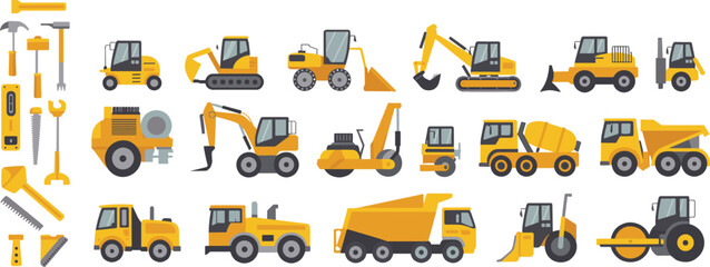 Construction machinery and tools icon set featuring excavators loaders dump trucks rollers and equipment for industrial building projects worldwide modern © SREECHNA