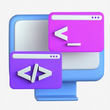A 3D visualization of multiple terminal windows and code brackets over a computer monitor illustrating operational control and software management