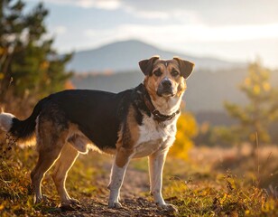 A dog stands on a grassy hill with a mountain in the background