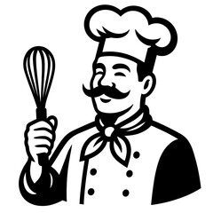Naklejka premium Detailed Cartoon Male Chef with Handlebar Mustache Tall Hat and Whisk Black Vector Illustration 